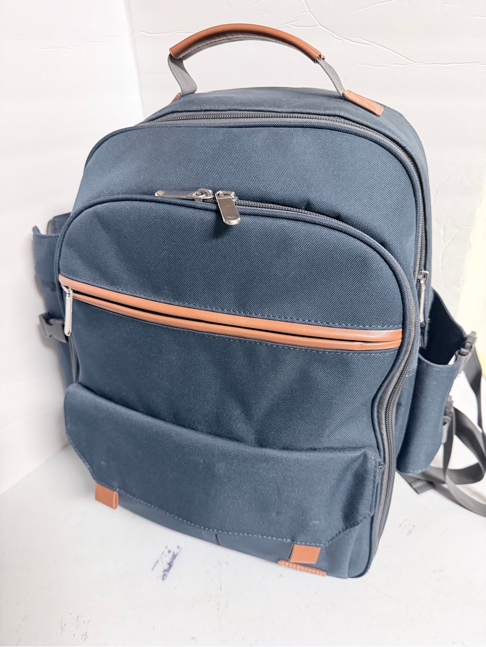 Navy Canvas Picnic Backpack with Tan Accents